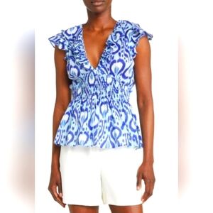 NWT Banjanan Susie Print Ruffle Sleeve Blue Print Blouse in Ikat Size Sm…